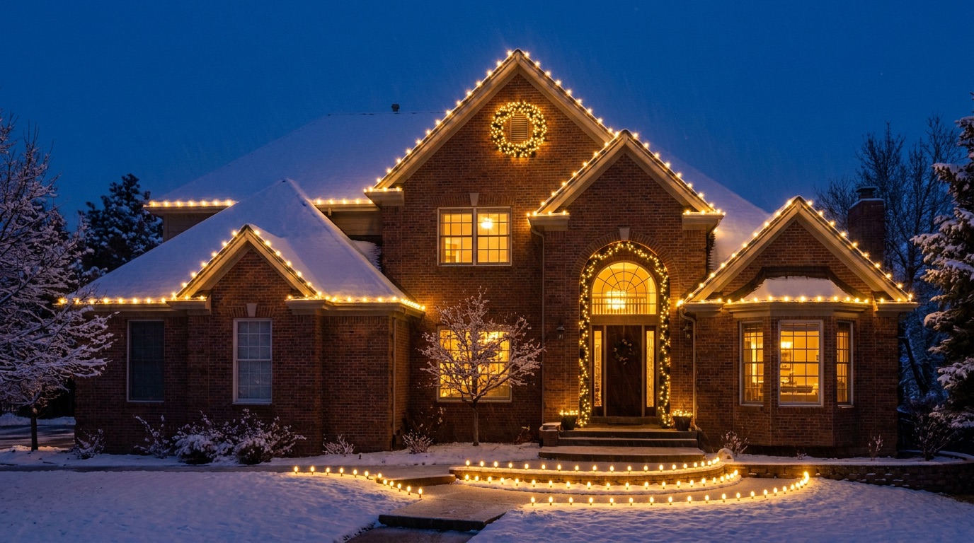 Brick two-story Denver home with warm-white roofline, a wreath on the peak, and a garland arched entrance