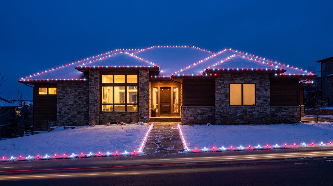 Mountain-modern Denver home with alternating red and pure-white roofline lights