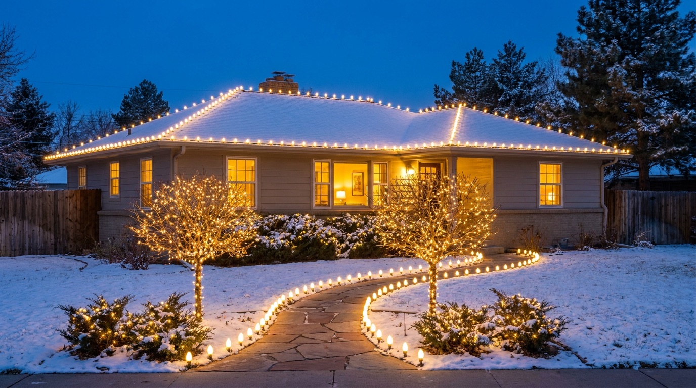 Single-story Denver ranch home with warm-white roofline and two front-yard trees wrapped in mini lights