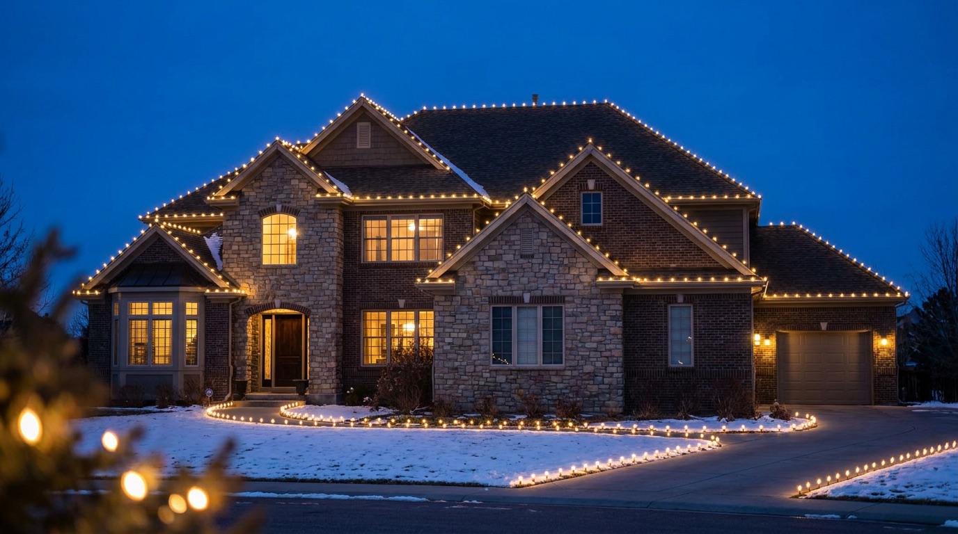 A grand Denver home with a custom warm-white holiday lighting display at night