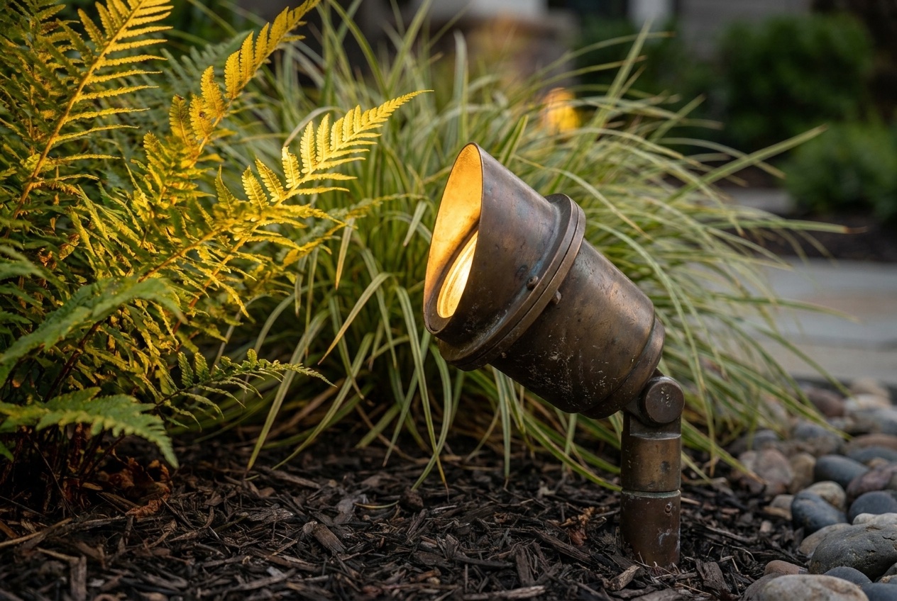 Close-up of a solid-brass landscape uplight fixture set low among garden foliage