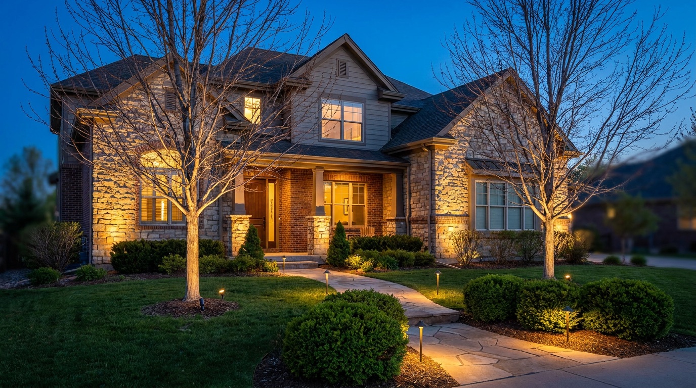 A Denver home with professional landscape lighting: warm facade uplighting, tree uplighting, and path lights at dusk
