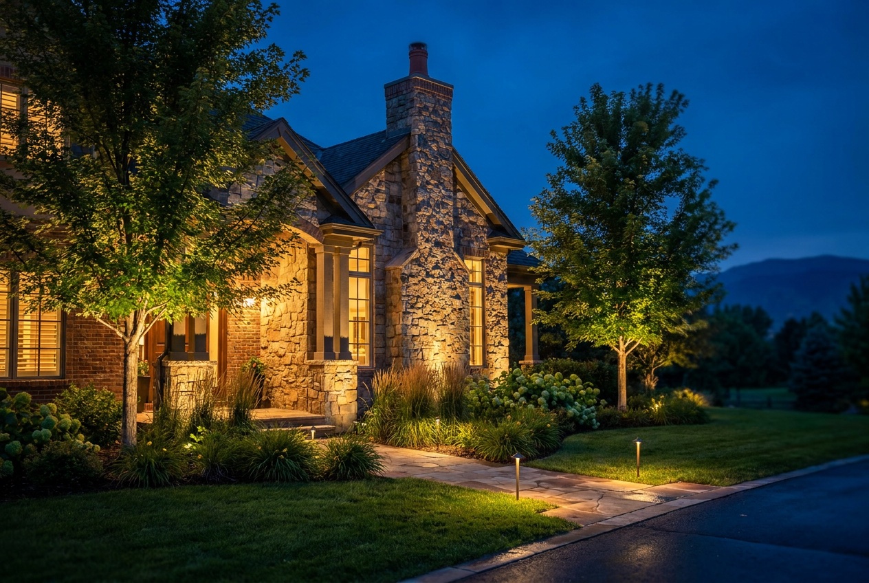 Denver stone home with warm landscape uplighting across the facade and trees at dusk