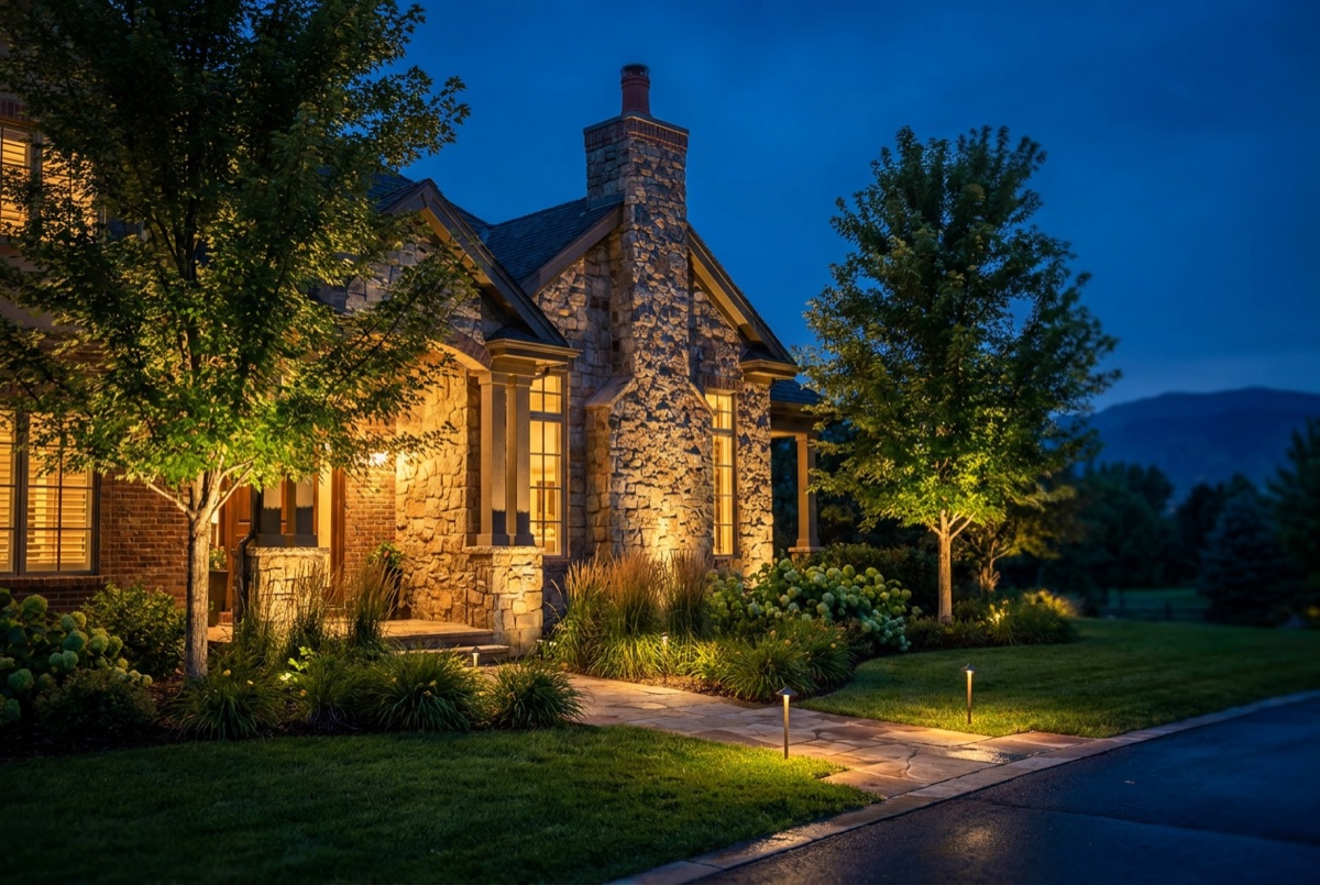 A Denver home with warm landscape uplighting on the facade and trees at dusk